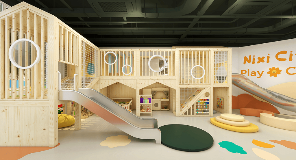 Two story wooden indoor playground structure for kids and toddlers role play shopping area for kids with a wooden shopping cart